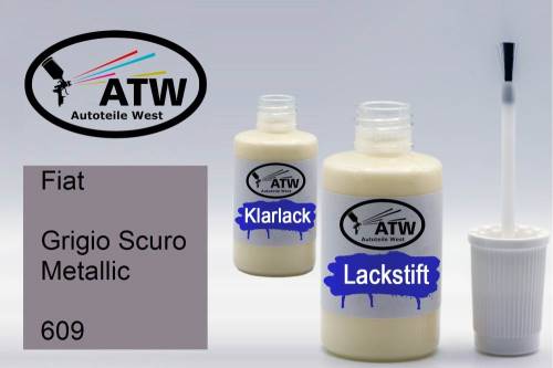 Fiat, Grigio Scuro Metallic, 609: 20ml Lackstift + 20ml Klarlack - Set, von ATW Autoteile West.